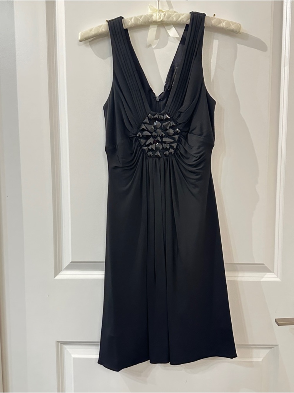 BCBGMaxAzria Black Sleeveless Midi Dress with Beaded Medallion